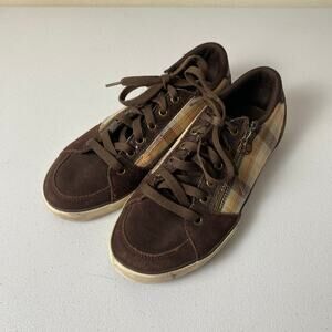 Etnies Women's Sz 10 Brown Plaid Side Zip Skater Sneakers Suede Y2K Style Grunge